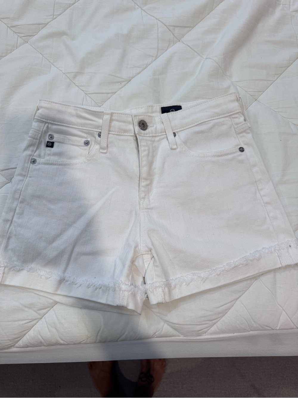 AG Adriano Goldschmied White Frayed Hem Denim Shorts